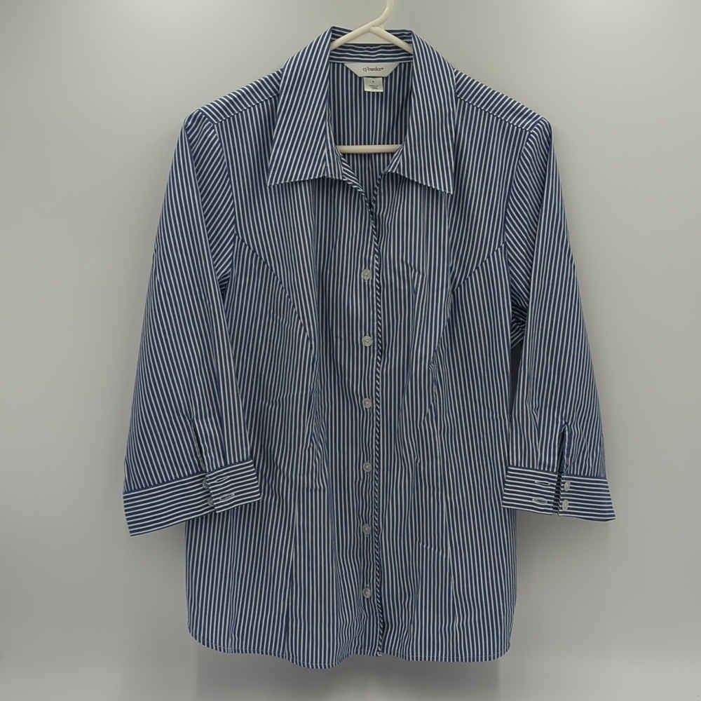 CJ Banks Stripped Button Down Shirt Shirt Blue White Size X Coastal 3/4 sleeves
